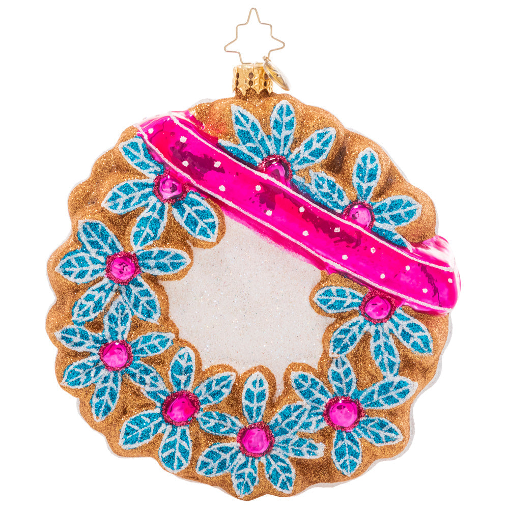 Back - Ornament Description - Sweet Treats Wreath: A smiling gingerbread man and other holiday shapes shine from their place on this festive iced cookie wreath. What could be sweeter?