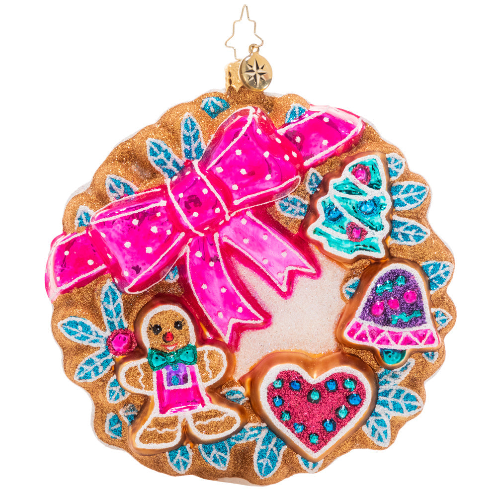 Front - Ornament Description - Sweet Treats Wreath: A smiling gingerbread man and other holiday shapes shine from their place on this festive iced cookie wreath. What could be sweeter?