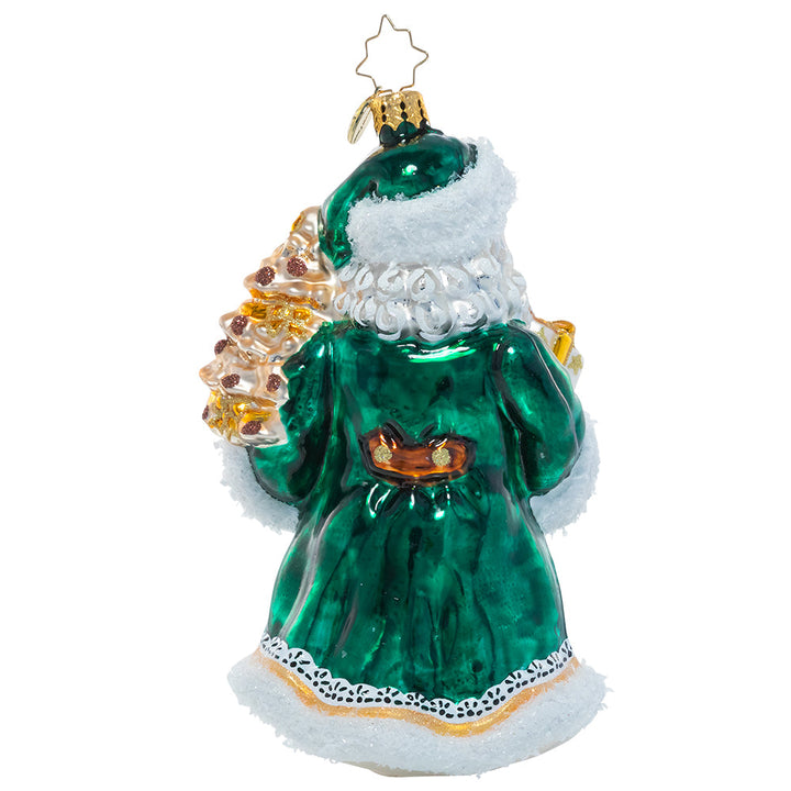 Back - Ornament Description - Emerald City Santa: Santa has ditched his traditional ruby red robes for a different look – elegant emerald green and gold! He shows off his glitzy offerings on the way to a North Pole Christmas party.