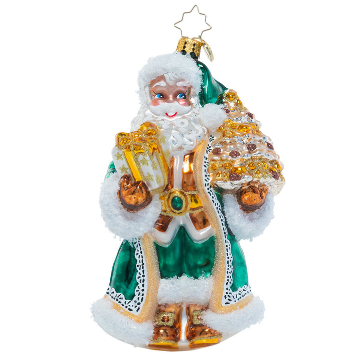 Front - Ornament Description - Emerald City Santa: Santa has ditched his traditional ruby red robes for a different look – elegant emerald green and gold! He shows off his glitzy offerings on the way to a North Pole Christmas party.