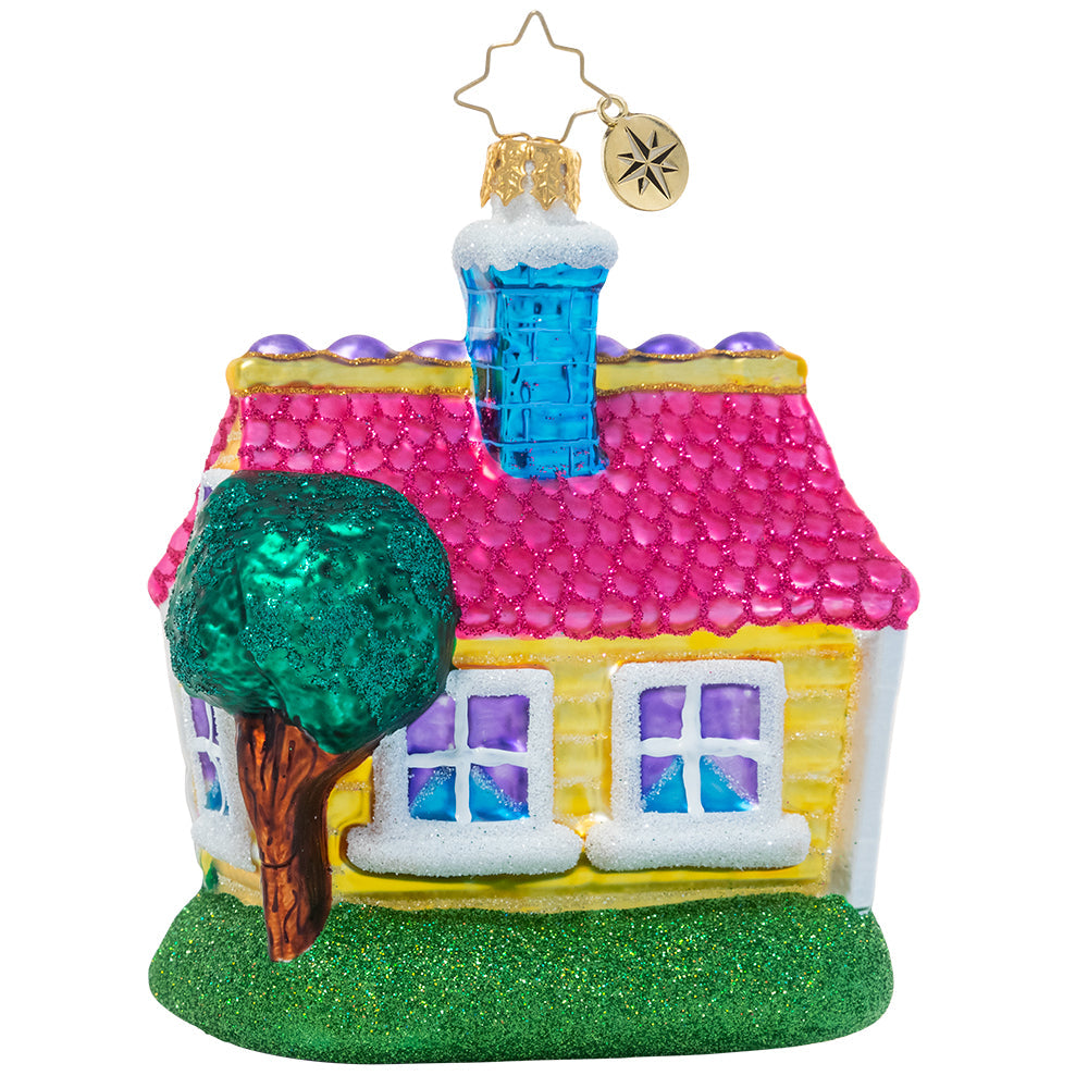 Back - Ornament Description - Cheery Country Cottage: There's no place like home for the holidays! This charming cozy cottage is inviting to all who seek the comfort of home sweet home this season.