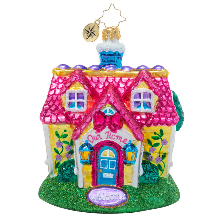 Front - Ornament Description - Cheery Country Cottage: There's no place like home for the holidays! This charming cozy cottage is inviting to all who seek the comfort of home sweet home this season.