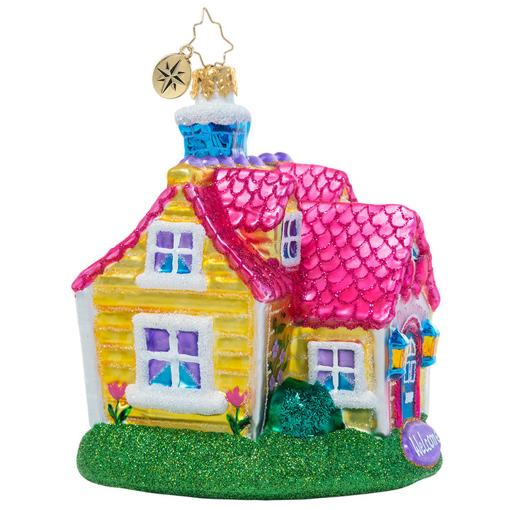 Side View - Ornament Description - Cheery Country Cottage: There's no place like home for the holidays! This charming cozy cottage is inviting to all who seek the comfort of home sweet home this season.