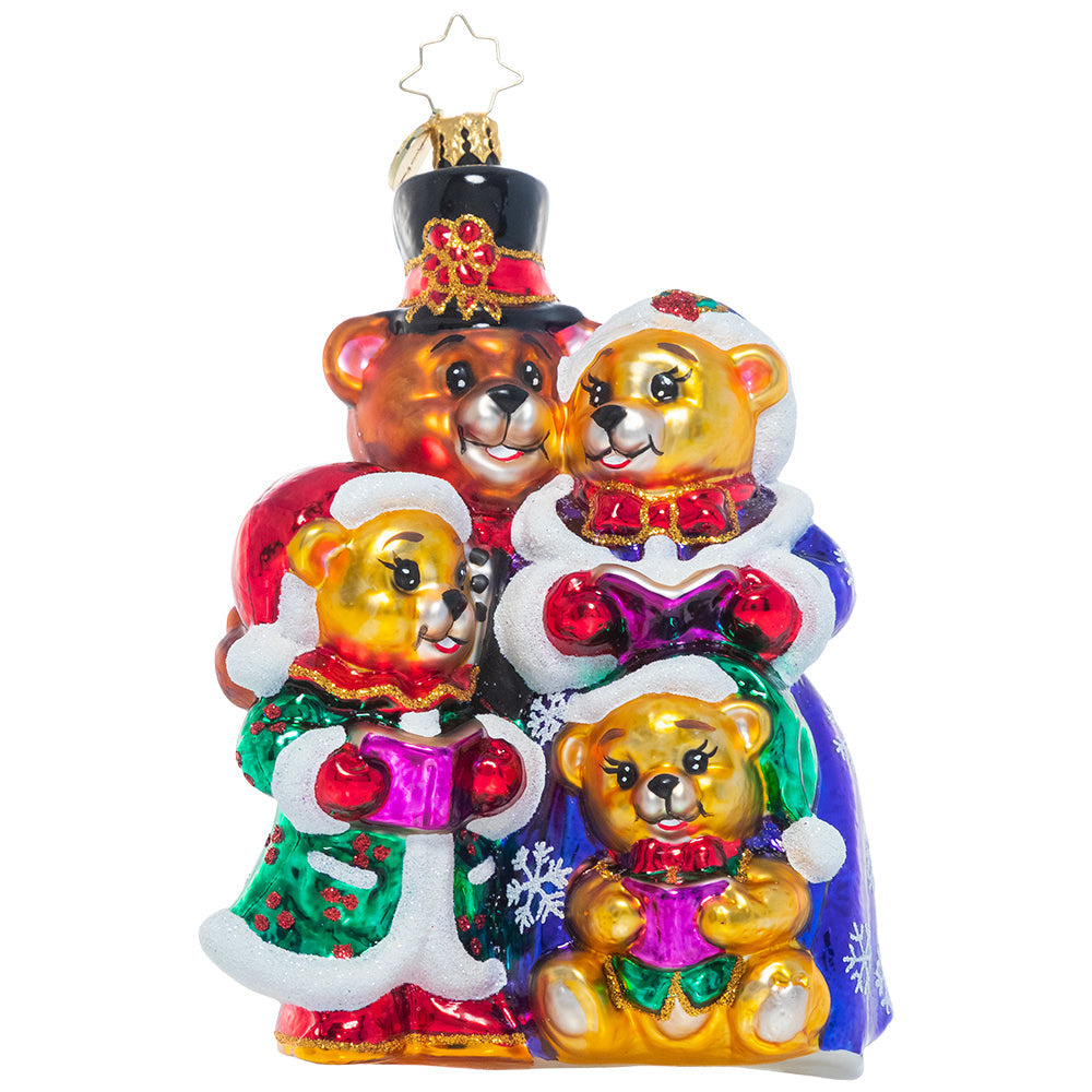 Front - Ornament Description - Bear Family Carolers: This furry family has been practicing their Christmas carols and are bundled up to share their spirit with their friends in the town square. First up is "Have Yourself A Bear-y Little Christmas"!