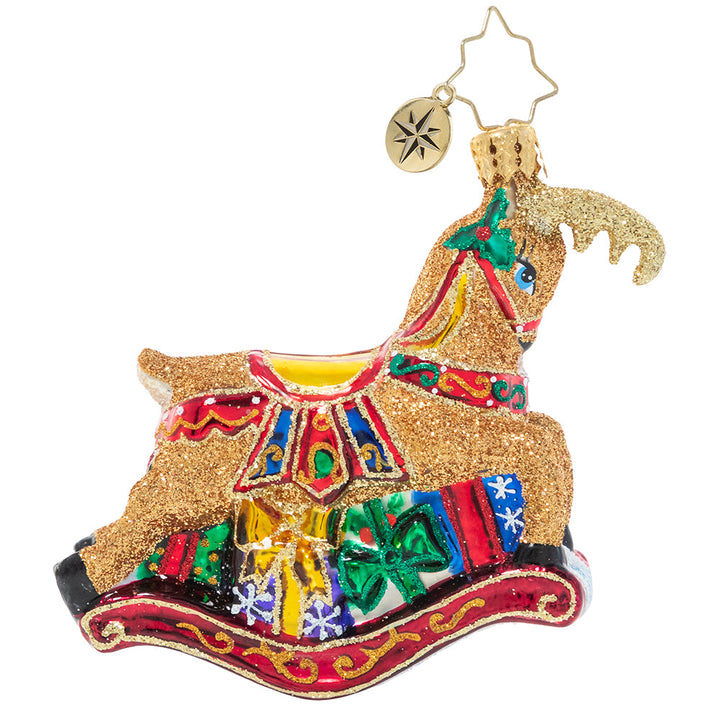 Back - Ornament Description - The Buck Rocks Here Gem: Who's that gliding through the snow? A holiday rocking-deer, that's who! This delightful little fellow prances atop a pile of pretty presents, ready to leap into your holiday home. 