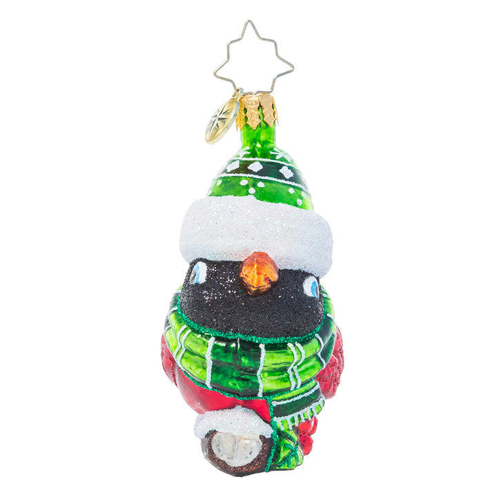 Side View - Ornament Description - Bundled-Up Feathered Freind Gem: This little birdie forgot to fly south for the winter, so he's bundling up extra warm for the holiday season! With his ruby-red feathers and bright green scarf and hat, he looks right at home in Christmas town.