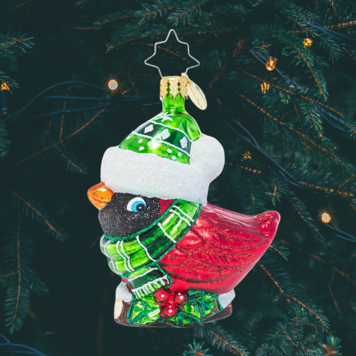 Ornament Description - Bundled-Up Feathered Freind Gem: This little birdie forgot to fly south for the winter, so he's bundling up extra warm for the holiday season! With his ruby-red feathers and bright green scarf and hat, he looks right at home in Christmas town.