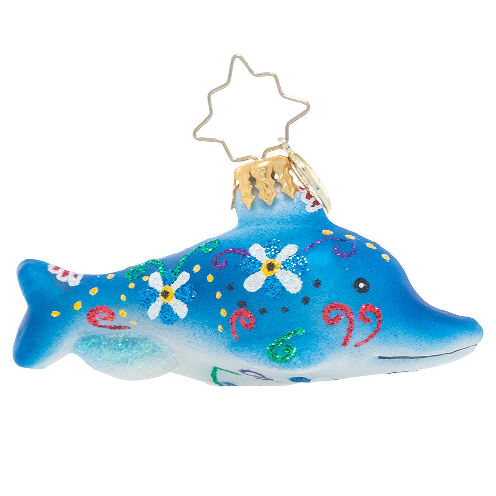 Back - Ornament Description - Swimming Through Florals Gem: It may be the middle of winter, but this friendly dolphin pair is sure to remind you of warmer days ahead! Gaze at their bright colors and tropical florals and reminisce about your favorite vacation memories!