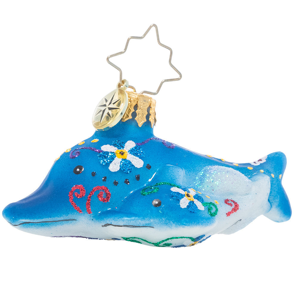 Front - Ornament Description - Swimming Through Florals Gem: It may be the middle of winter, but this friendly dolphin pair is sure to remind you of warmer days ahead! Gaze at their bright colors and tropical florals and reminisce about your favorite vacation memories!