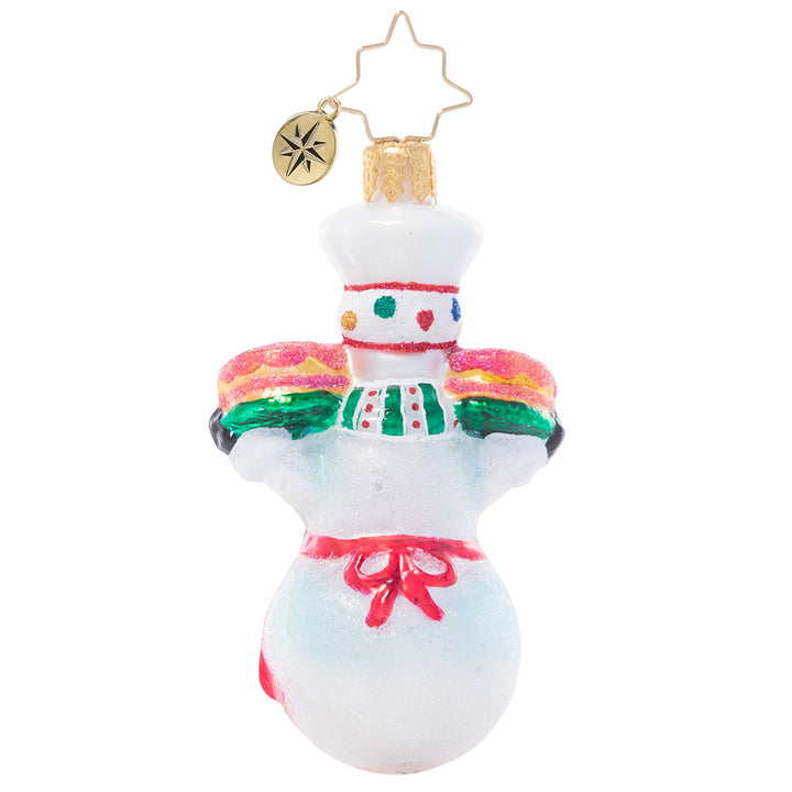 Back - Ornament Description - This Christmas Takes The Cake Gem: A jolly snowman baker shows off his tasty holiday treats fresh from the oven. Come and get it!