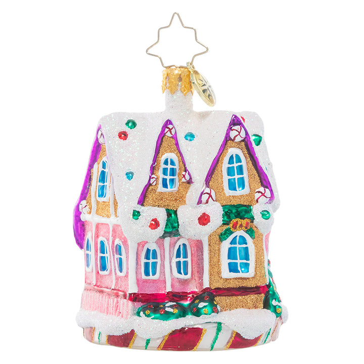 Back - Ornament Description - Marvelous in Mint Gem: Sweet dreams are made of these! This lovely little gingerbread house twinkles with holiday spirit, generously laden with icing "snow" and bedecked with jewel-like gumdrops.