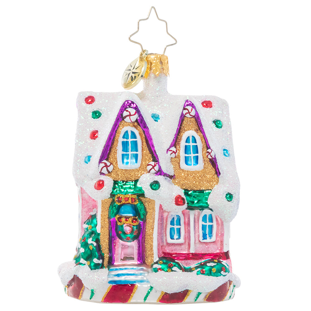 Front - Ornament Description - Marvelous in Mint Gem: Sweet dreams are made of these! This lovely little gingerbread house twinkles with holiday spirit, generously laden with icing "snow" and bedecked with jewel-like gumdrops.
