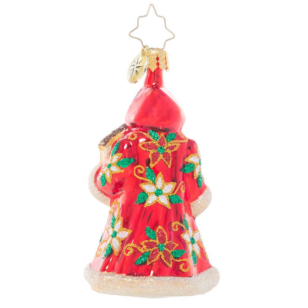 Back - Ornament Description - Punctual In Poinsettias Gem: Tick-tock, check the clock, what time is it? Christmastime is almost here! This festive and floral-clad Santa holds a cuckoo clock to remind us that Christmas is just around the corner.