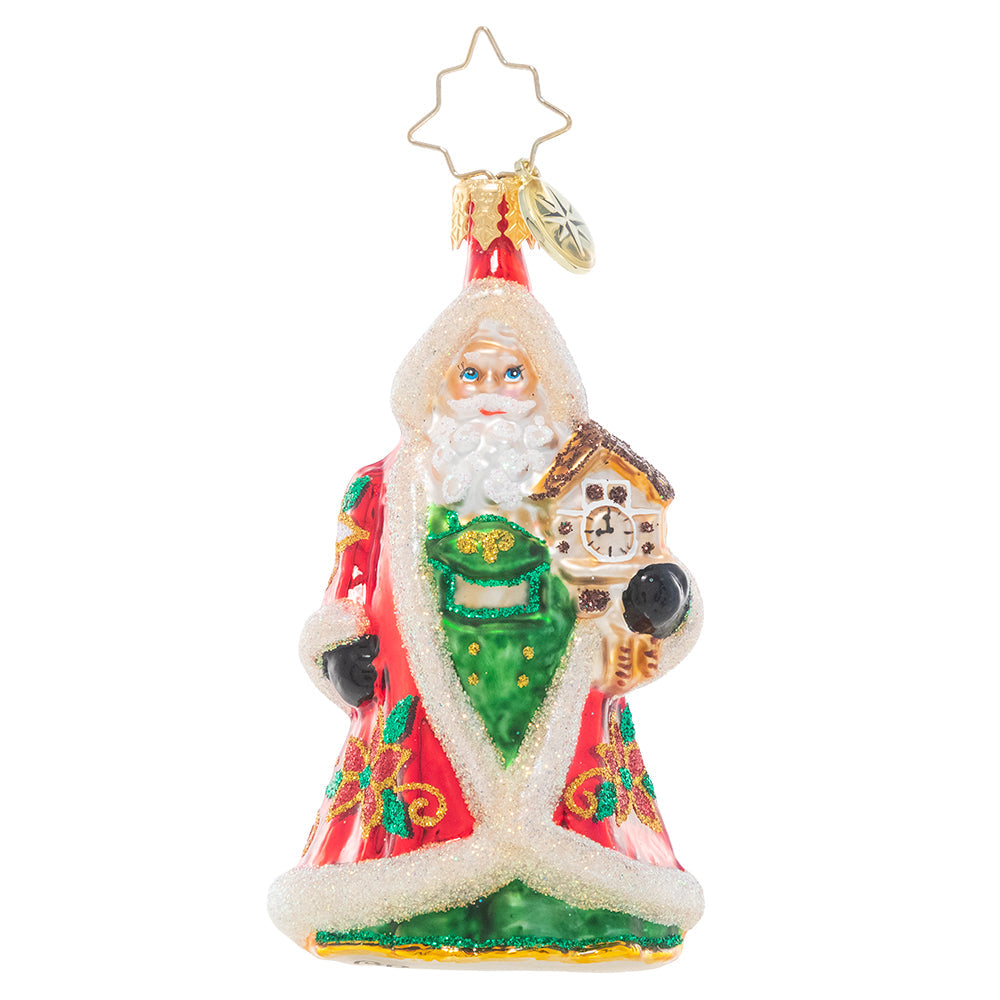 Front - Ornament Description - Punctual In Poinsettias Gem: Tick-tock, check the clock, what time is it? Christmastime is almost here! This festive and floral-clad Santa holds a cuckoo clock to remind us that Christmas is just around the corner.