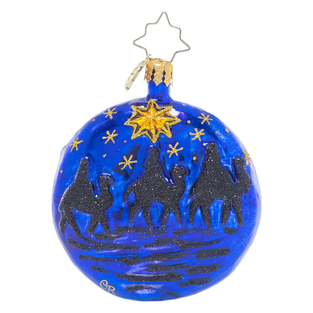 Back - Ornament Description - A Holy Night Gem: Oh holy night, the stars are brightly shining…'tis the night of our dear savior's birth! This double-sided ornament captures the three wisemen's journey through the long night to honor their newborn king.