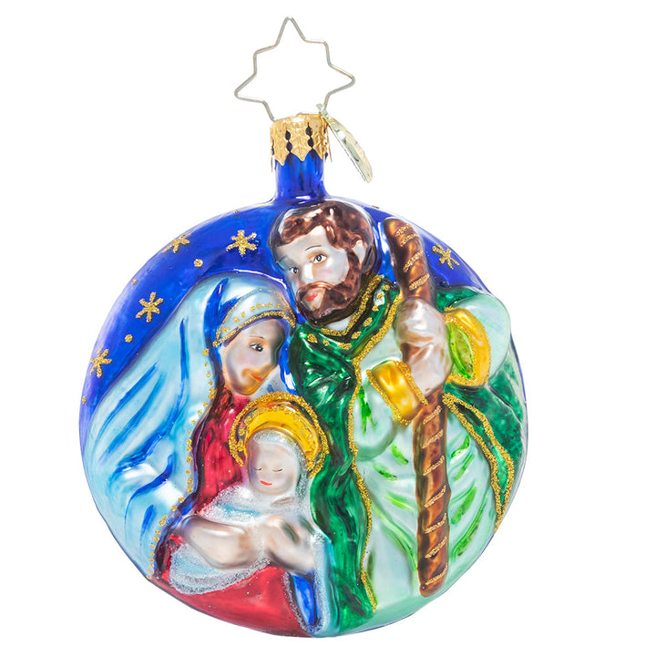 Ornament Description - A Holy Night Gem: Oh holy night, the stars are brightly shining…'tis the night of our dear savior's birth! This double-sided ornament captures the three wisemen's journey through the long night to honor their newborn king.