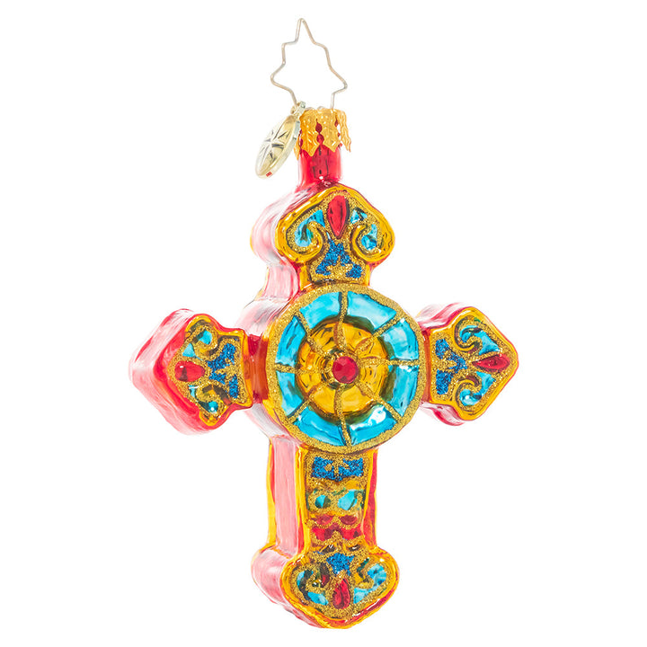 Back - Ornament Description - Golden Delight Gem: Transport yourself to the tranquility of a church sanctuary with this beautiful cross ornament. With colorful detailing mimicking the effect of stained glass, it is sure to bring peace, comfort and connection to all those who need it.