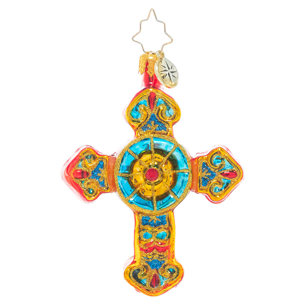 Front - Ornament Description - Golden Delight Gem: Transport yourself to the tranquility of a church sanctuary with this beautiful cross ornament. With colorful detailing mimicking the effect of stained glass, it is sure to bring peace, comfort and connection to all those who need it.