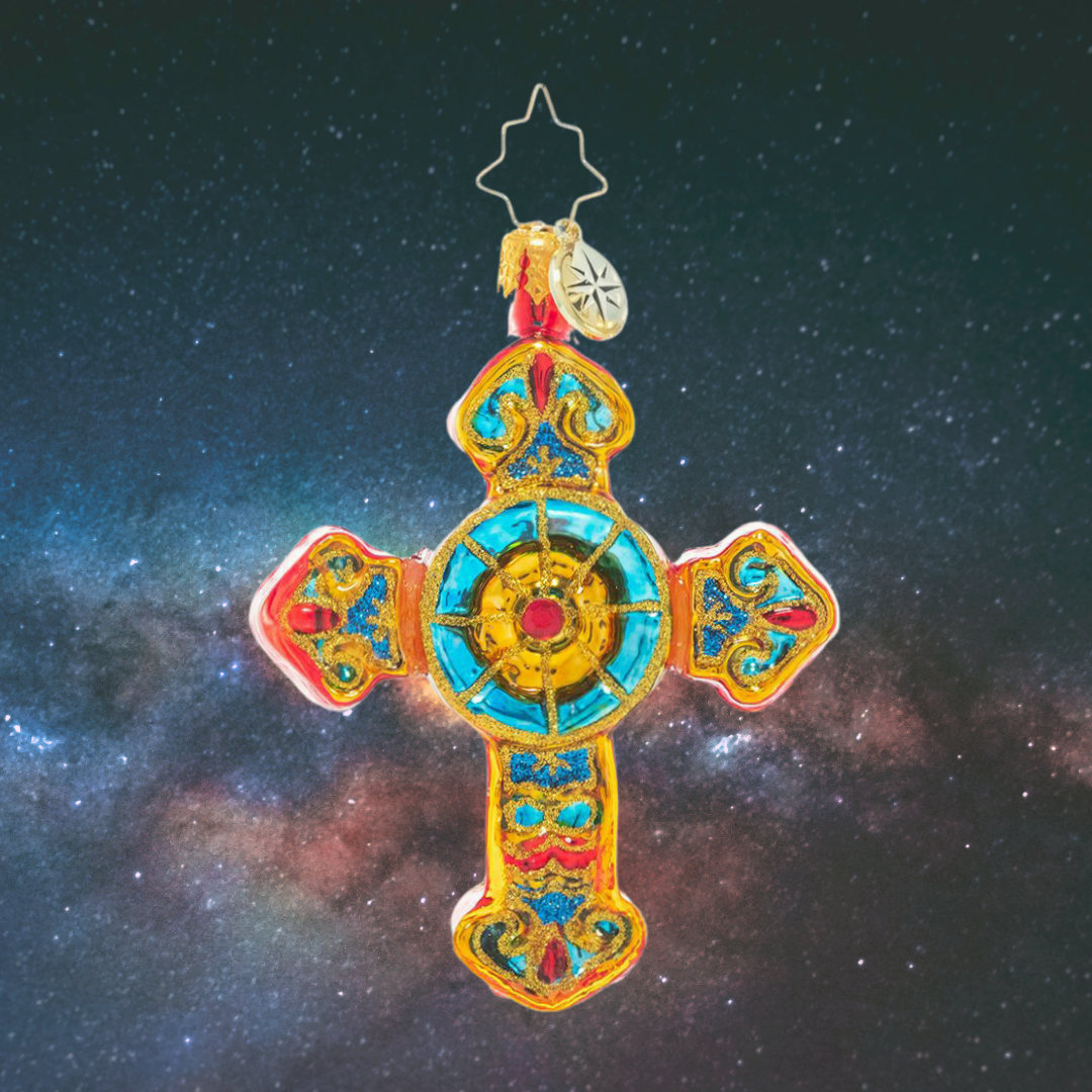 Ornament Description - Golden Delight Gem: Transport yourself to the tranquility of a church sanctuary with this beautiful cross ornament. With colorful detailing mimicking the effect of stained glass, it is sure to bring peace, comfort and connection to all those who need it.