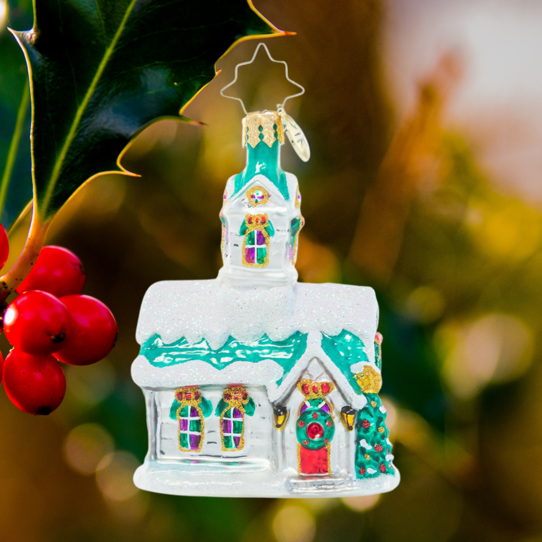Ornament Description - Boughs of Holly Chapel Gem: This charming country chapel stands out with its cheery holiday decorations, visible even through drifts of freshly-fallen snow. They can't wait to welcome their neighbors and celebrate the holiday season together as a congregation.