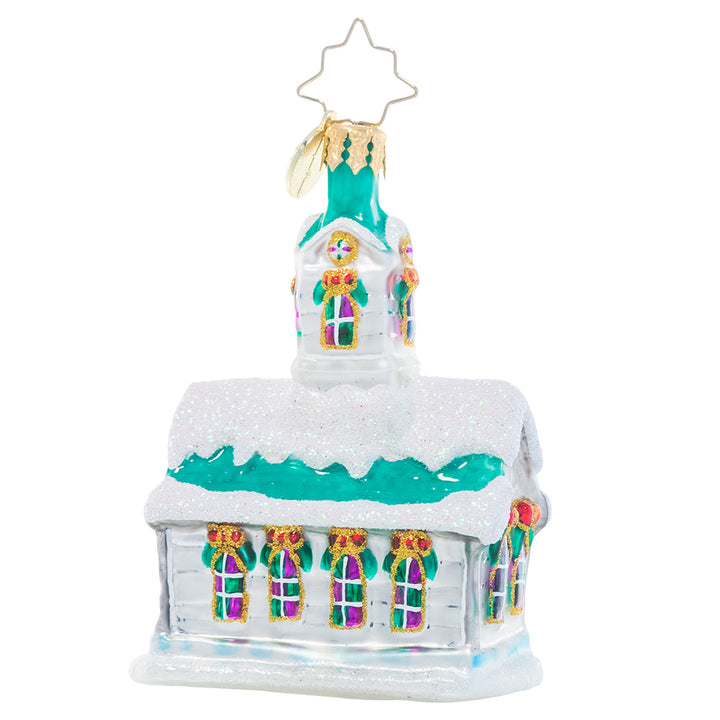 Back - Ornament Description - Boughs of Holly Chapel Gem: This charming country chapel stands out with its cheery holiday decorations, visible even through drifts of freshly-fallen snow. They can't wait to welcome their neighbors and celebrate the holiday season together as a congregation.