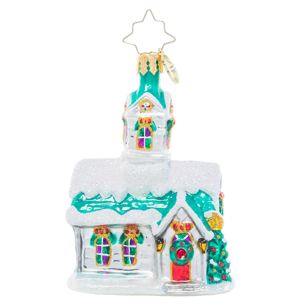 Front - Ornament Description - Boughs of Holly Chapel Gem: This charming country chapel stands out with its cheery holiday decorations, visible even through drifts of freshly-fallen snow. They can't wait to welcome their neighbors and celebrate the holiday season together as a congregation.