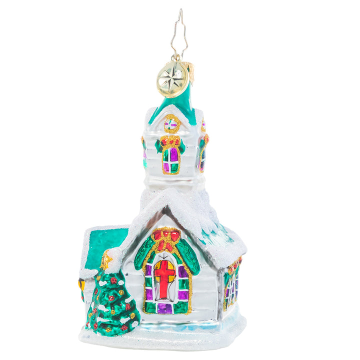 Side View - Ornament Description - Boughs of Holly Chapel Gem: This charming country chapel stands out with its cheery holiday decorations, visible even through drifts of freshly-fallen snow. They can't wait to welcome their neighbors and celebrate the holiday season together as a congregation.
