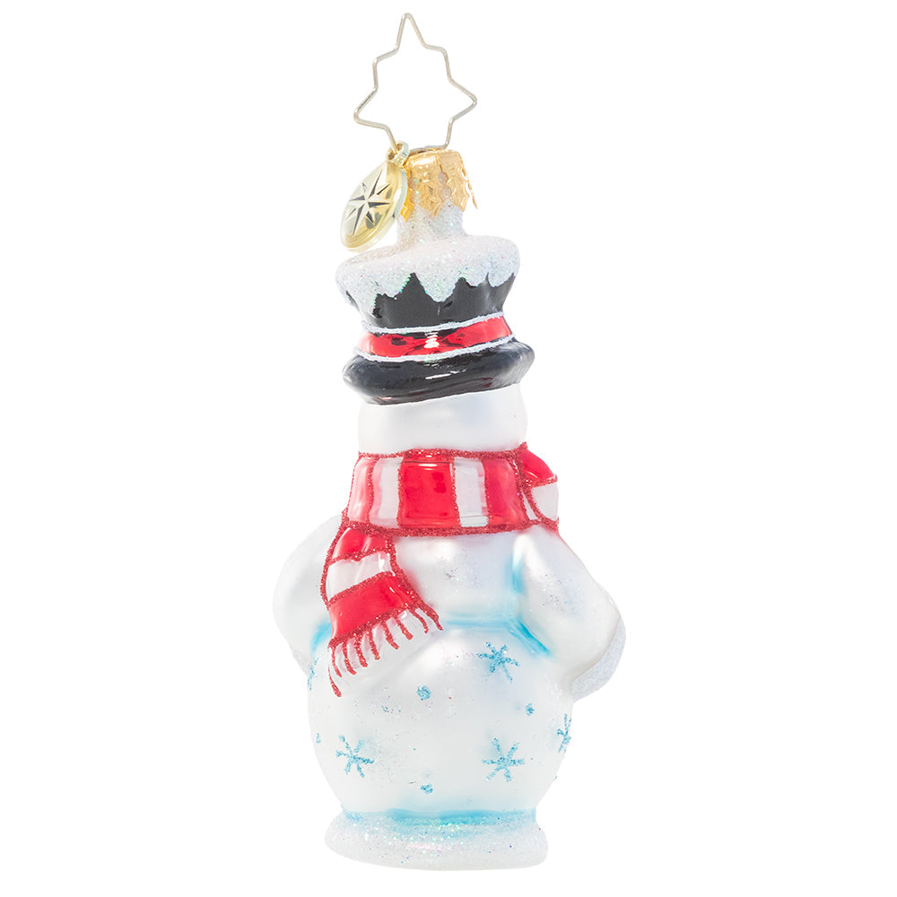 Back - Ornament Description - Darling Christmas Decorator Gem: This frosty snowman has been waiting all year long to deck the halls! He's fashioned his very own wreath and is excited to help his friends turn the town into a festive winter wonderland.
