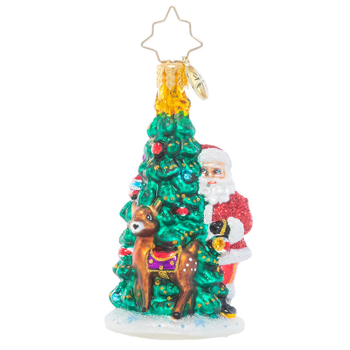 Front - Ornament Description - Two Talented Tree Trimmers: Time to deck the halls! Enlisting the help of his reindeer companion, Santa trims the North Pole Christmas tree in his favorite heirloom ornaments.