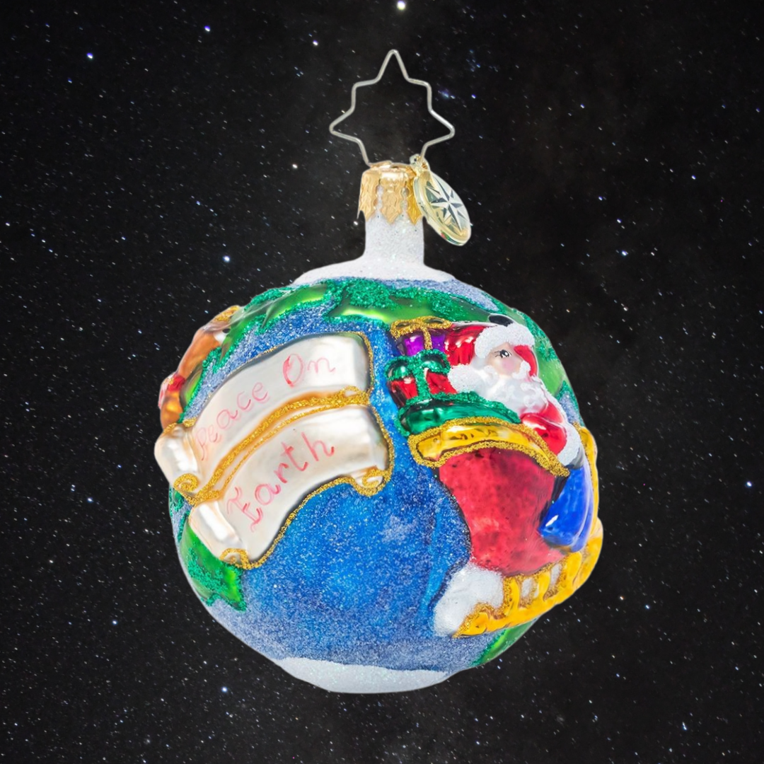 Ornament Description - All I Want for Christmas Gem: Capture Santa's magical round-the-world journey with this detailed round ornament. Navigating his way around the globe with this trusted reindeer team, he brings good tidings, Christmas cheer and wishes for peace on Earth.