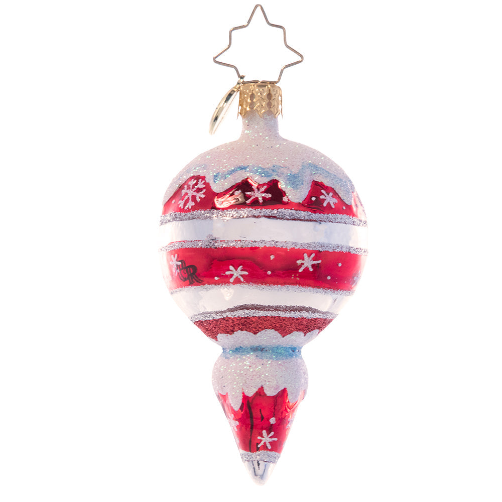 Back - Ornament Description - A Frosty Hello Gem: A smiling snowman waves from within this cheery icicle ornament. Painted in holiday red and crowned with a dusting of sparkling snow, this vintage-inspired piece is the perfect way to add classic Christmas cheer to your tree.