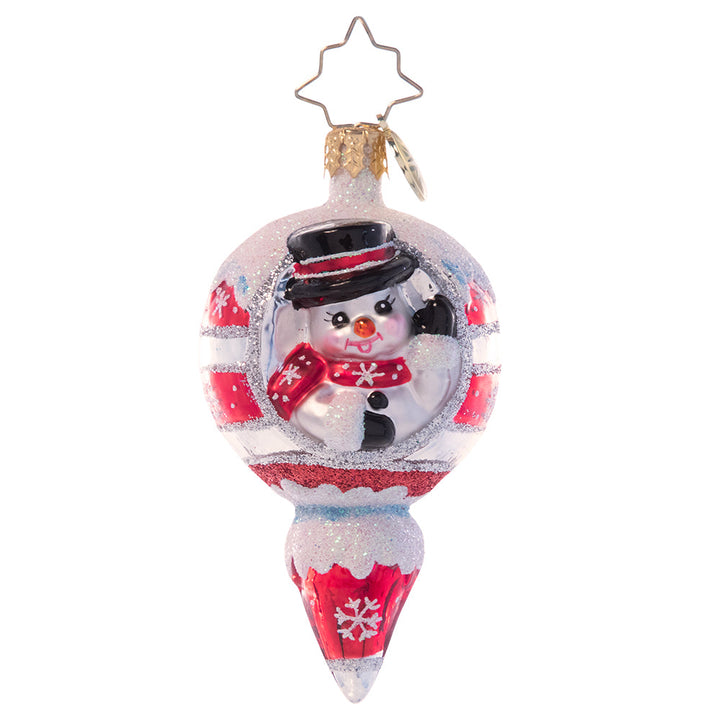 Ornament Description - A Frosty Hello Gem: A smiling snowman waves from within this cheery icicle ornament. Painted in holiday red and crowned with a dusting of sparkling snow, this vintage-inspired piece is the perfect way to add classic Christmas cheer to your tree.
