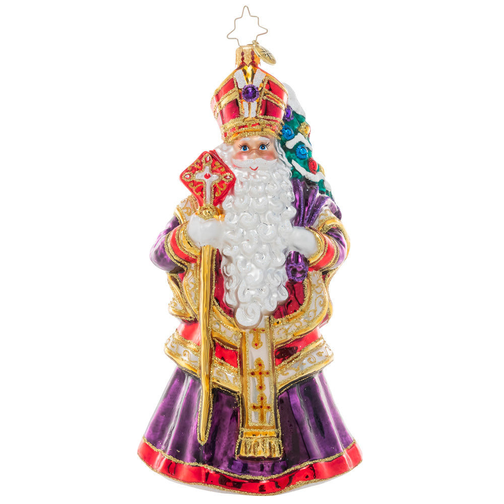 Front - Ornament Description - Patron Saint of Christmas: Saint Nicholas was known in his lifetime for his kindness and generosity, especially to children and the poor. Celebrate the "real" Santa this holiday season with this saintly statuette – complete with miter, scepter, and a holy purple robe.