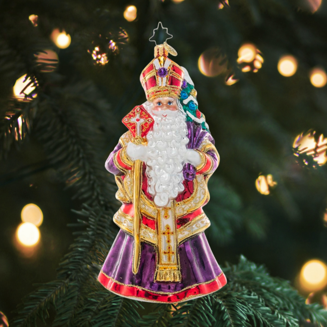 Ornament Description - Patron Saint of Christmas: Saint Nicholas was known in his lifetime for his kindness and generosity, especially to children and the poor. Celebrate the "real" Santa this holiday season with this saintly statuette – complete with miter, scepter, and a holy purple robe.