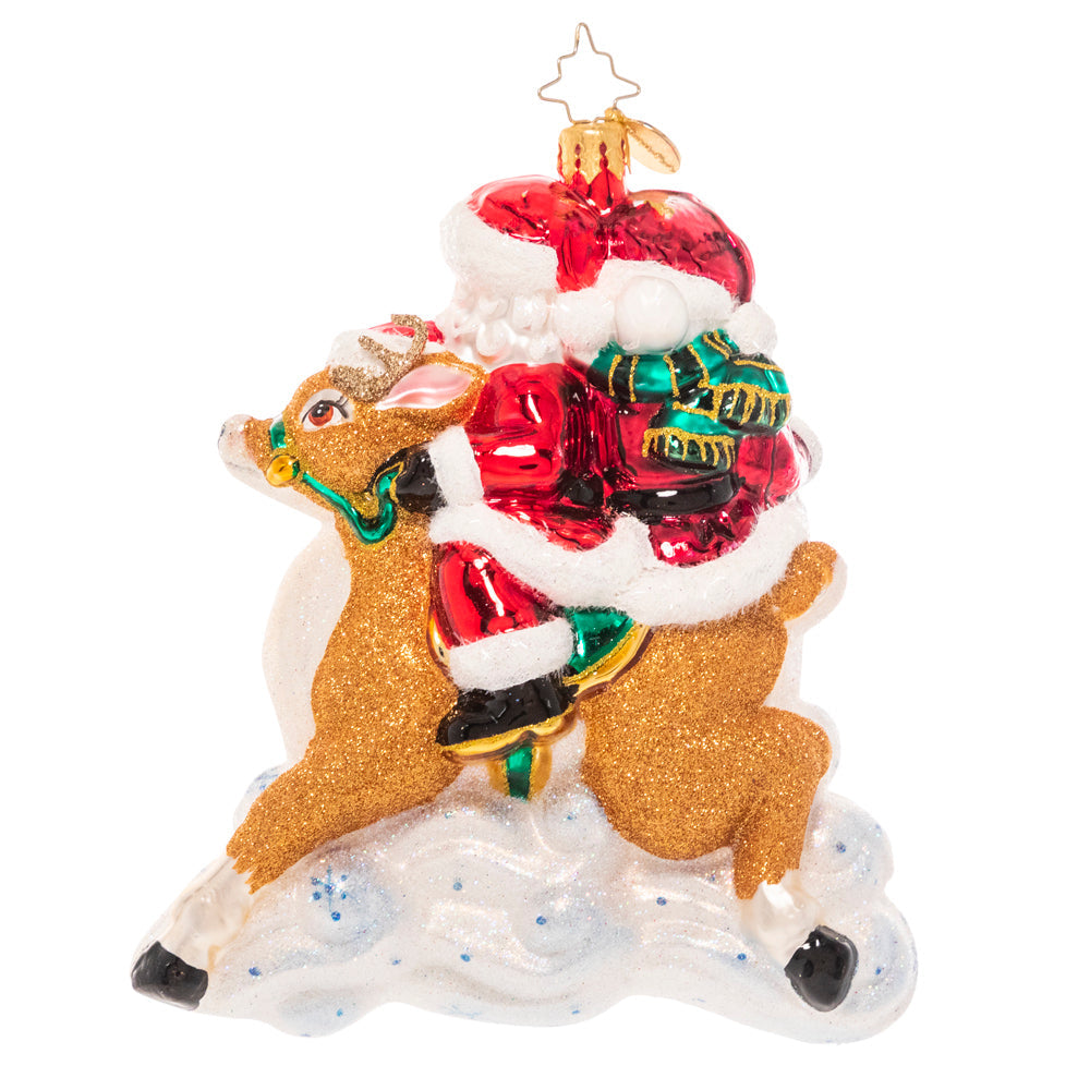Back - Ornament Description - A Reindeer Built for Two: Room for one more! Mrs. Claus tags along on a ride with Santa and his spirited reindeer steed. 