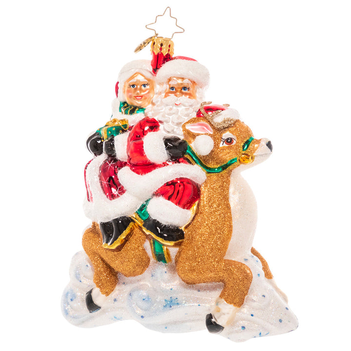 Ornament Description - A Reindeer Built for Two: Room for one more! Mrs. Claus tags along on a ride with Santa and his spirited reindeer steed.