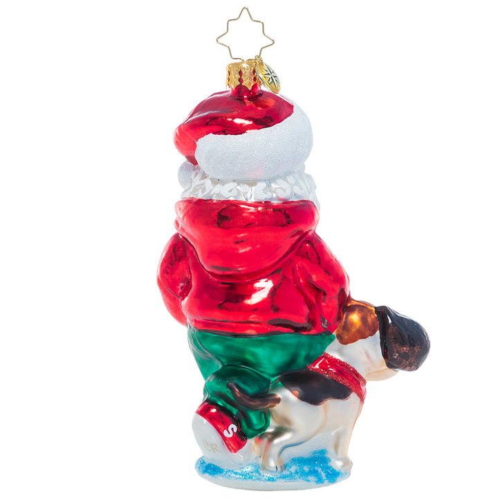 Back - Ornament Description - Santa's Best Friend: Just call him Santa Paws! Old Saint Nick shows his soft spot for four-legged friends on a walk with his canine companion.
