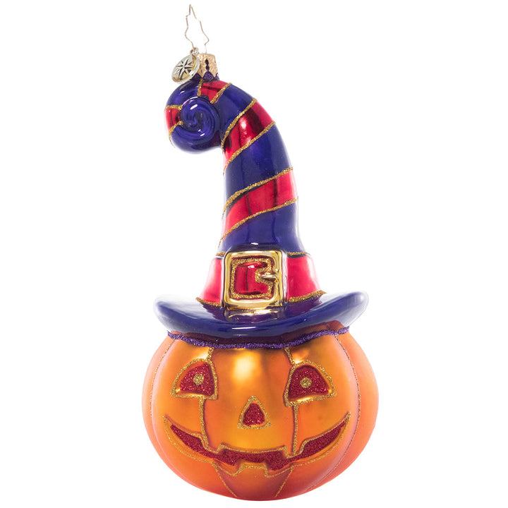 Front - Ornament Description - Bewitching Jack-o-Lantern: Boo! This Jack-O-Lantern is getting into the spirit of spooky season, grinning from beneath the brim of his favorite witchy hat.
