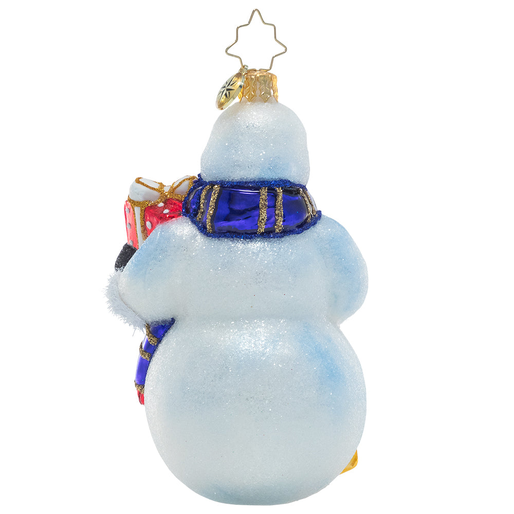 Back - Ornament Description - Smiling Snow Friend: This happy snowman has taken off his top hat and filled it with presents. What kind of merry-making will he get up to once he delivers them?