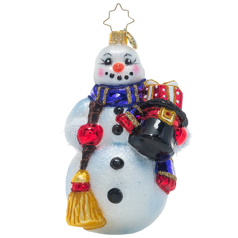 Front - Ornament Description - Smiling Snow Friend: This happy snowman has taken off his top hat and filled it with presents. What kind of merry-making will he get up to once he delivers them?