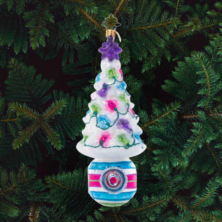 Ornament Description - Christmas Light Brights: Let there be light! Brighten your holiday with this white tinsel tree ornament covered in colorful lights.
