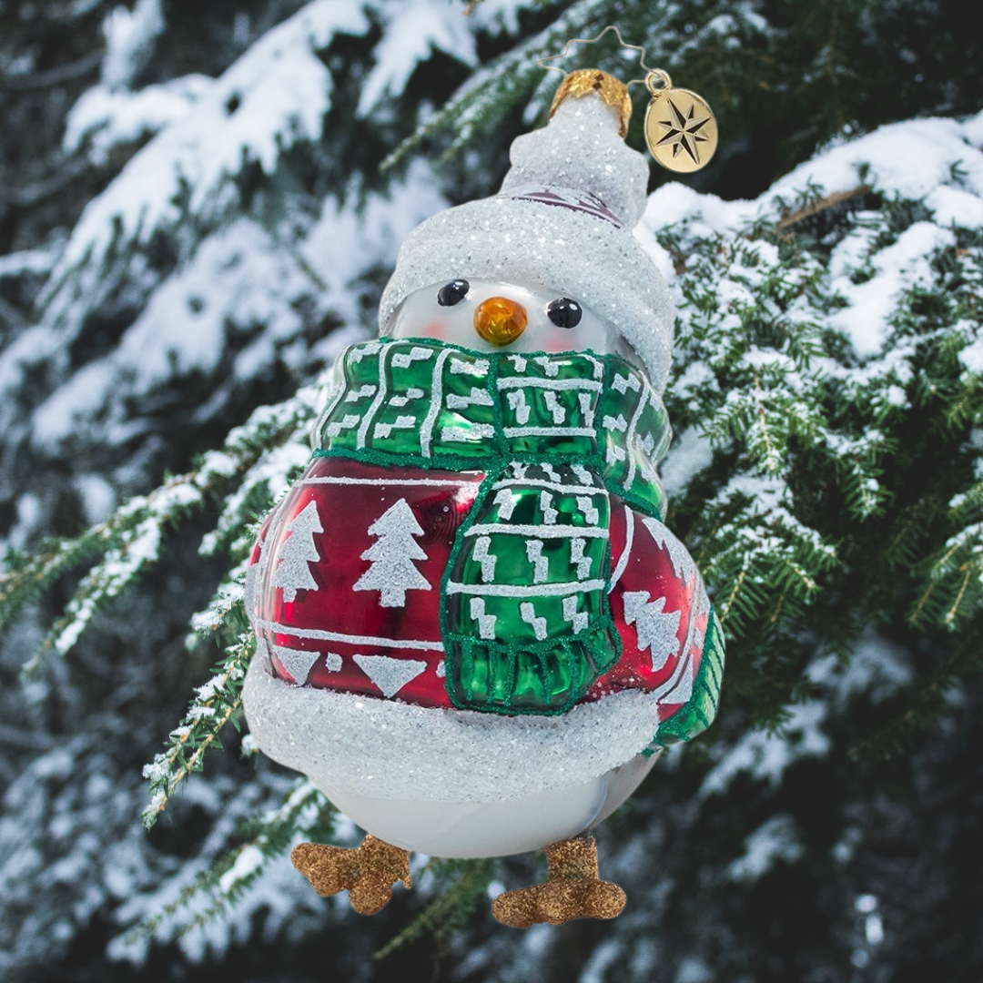 Ornament Description - Festive Feathers: It gets awfully c-c-cold up here in the North Pole, but luckily our feathered friend is prepared! He's bundled up against the winter chill in his coziest fair isle accessories.