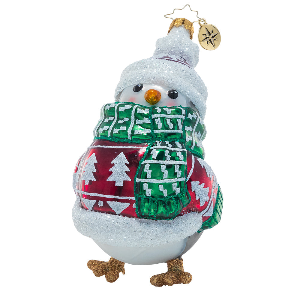 Front - It gets awfully c-c-cold up here in the North Pole, but luckily our feathered friend is prepared! He's bundled up against the winter chill in his coziest fair isle accessories.