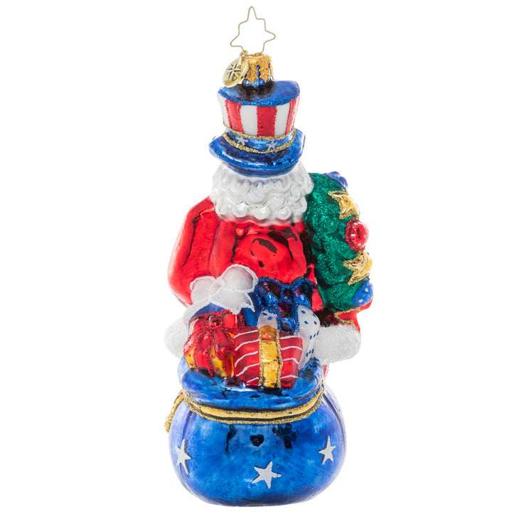 Back - Ornament Description - Proud Patriot Santa: Star spangled Santa! Santa stands proud in his stars and stripes, showing his love for the land of the free and the home of the brave.