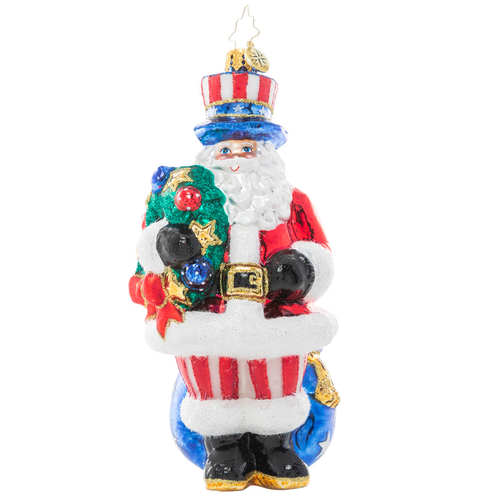 Front - Ornament Description - Proud Patriot Santa: Star spangled Santa! Santa stands proud in his stars and stripes, showing his love for the land of the free and the home of the brave.