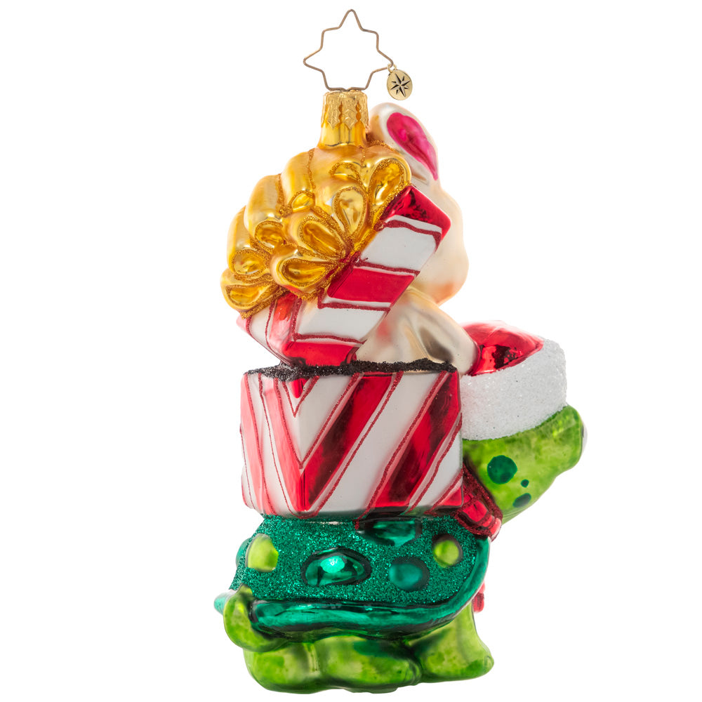 Back - Ornament Description - Race to The Finish:You know what they say…slow and steady wins the race! A tortoise and a hare team up for some Christmas time fun, racing to deliver gifts to their destinations!