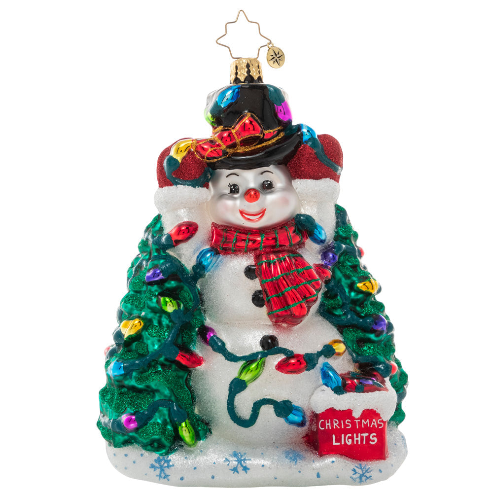 Front - Ornament Description - Let There Be Lights: This frosty snowman has been wrestling with his Christmas lights all day long, and he's at last down to hanging his final strand. He's glad you're here to admire his holiday handiwork!