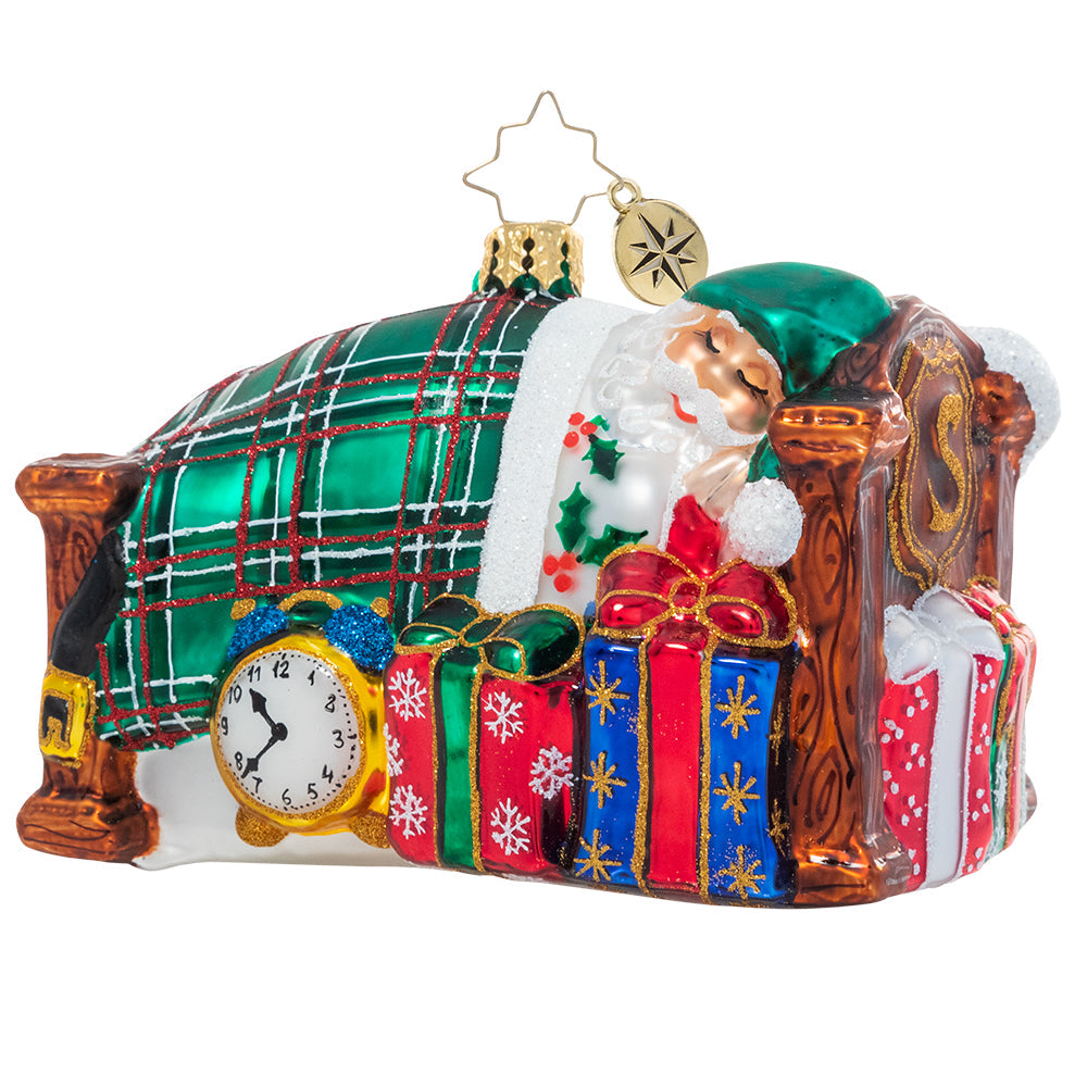 Front - Ornament Description - Catching Z's Mr. Claus: The holiday season is a busy one, and no one knows that better than Santa Claus! After his last Christmas Eve delivery is complete, he settles in for a well-deserved long winter's nap.