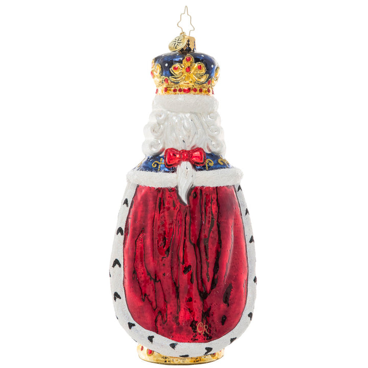 Back - Ornament Description - Nutcracking Royalty: Get the holiday season cracking this year with this jolly royal nutcracker. From behind, his regal robe wraps around his feet giving him a shape reminiscent of a nut himself!