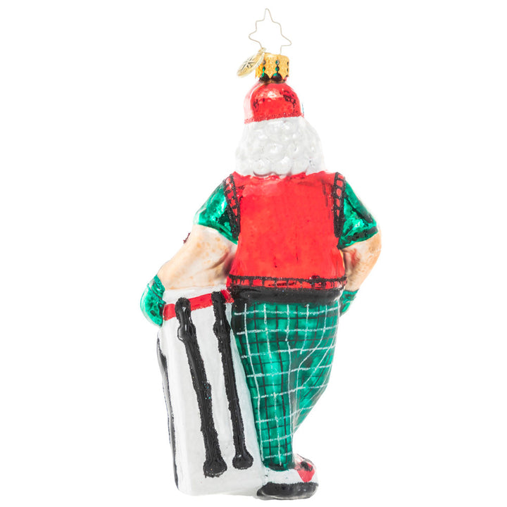 Back - Ornament Description - Jolly Golfer Santa: When he's not preparing for Christmas, Santa gets his swing on at the golf course. He's hoping for a ho-ho-hole in one!